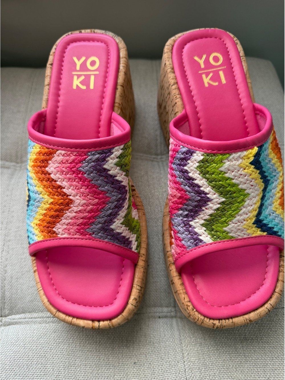 NWOB  Women's Colorful Woven Wedge Sandals with Pink Trim